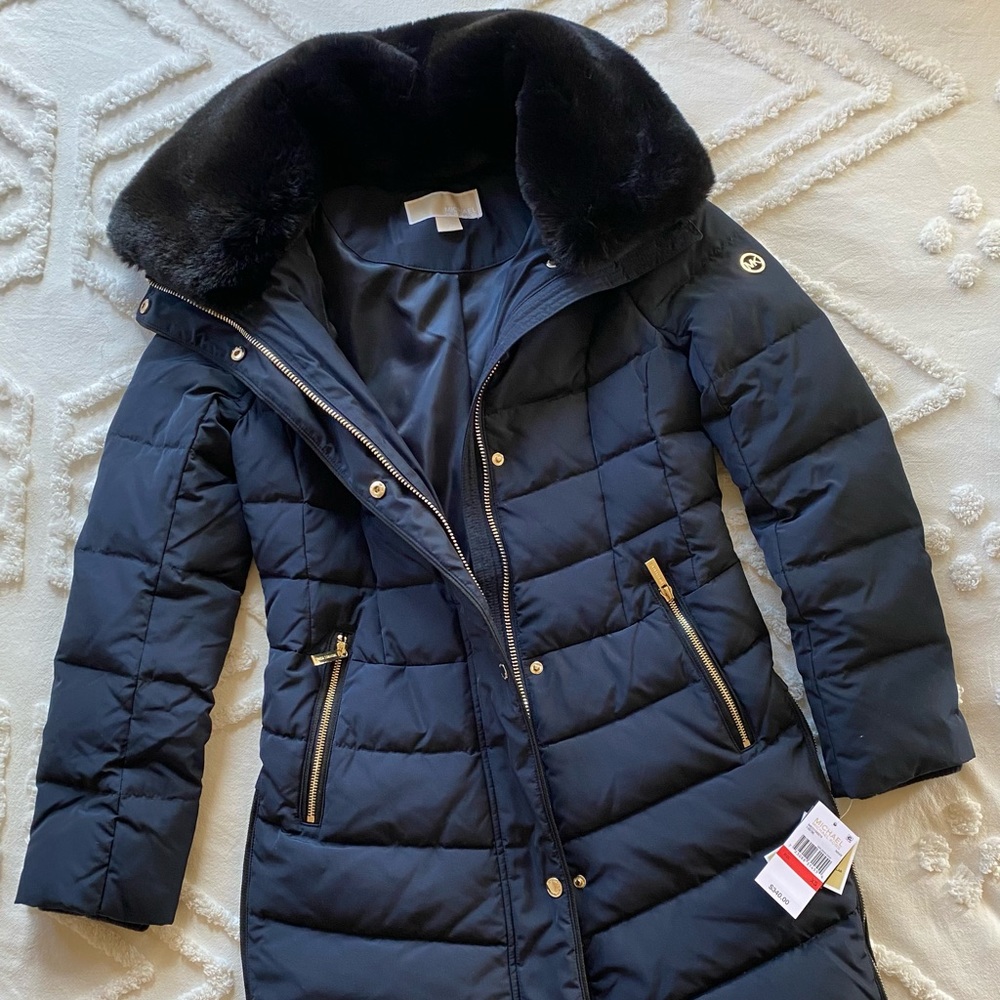 XS Michael Kors Down Filled Faux Fur Navy Coat NWT